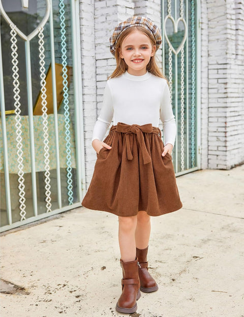 Arshiner Girls Dresses Long Sleeve Rib Knit Plaid Patchwork Belted Dress