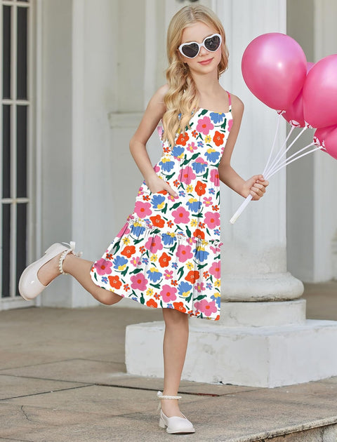 Arshiner Girls Tie Back Dress Spaghetti Strap Ruffle Hem Sundress with Pockets