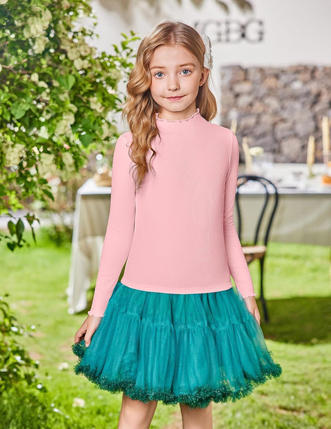 Arshiner Girls Lettuce Trim Mock Neck Ribbed Knit Tops