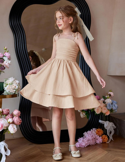 Arshiner Girls Dresses Flowy Tiered Ruched Smocked Back Midi Sundress