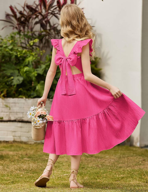Arshiner Girls Tie Back Dress Tween Boho Flutter Sleeve Maxi Dresses