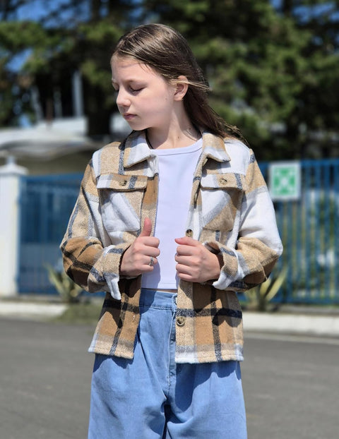 Arshiner Girls Flannel Cropped Shacket Plaid Jacket