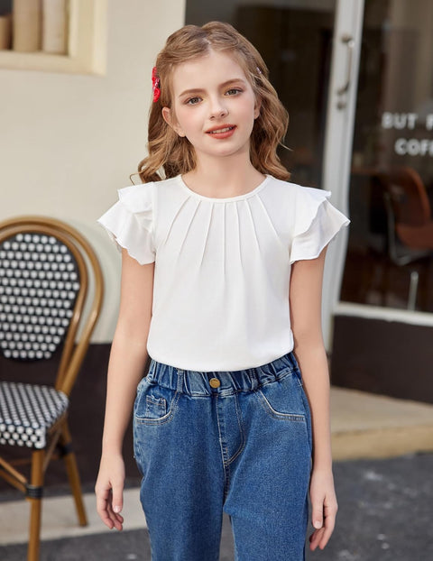 Arshiner Girls T Shirts Ruffle Short Sleeve Pleated Casual Tops