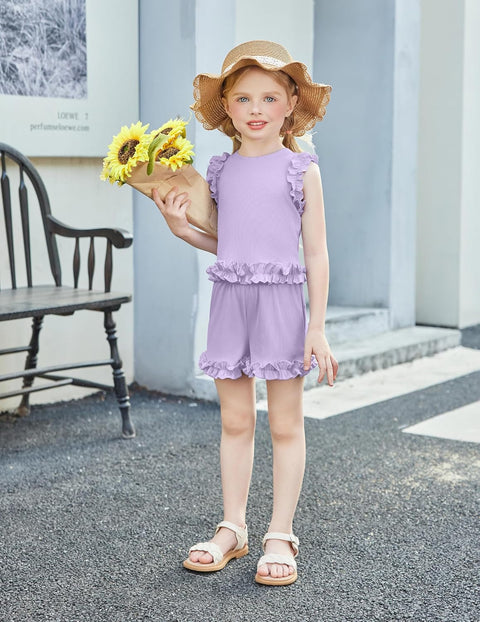 Arshiner Toddler Girls Clothes Ribbed Knit Ruffle Sleeveless Tops and Shorts with Pockets Cute Summer 2 Pieces Short Sets