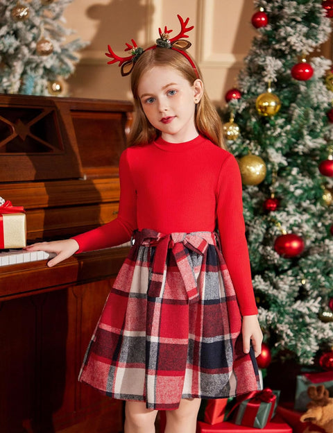 Arshiner Girls Dresses Long Sleeve Rib Knit Plaid Patchwork Belted Dress