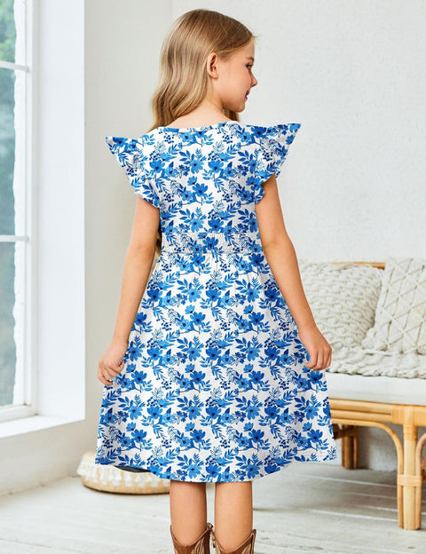 Arshiner Girls Dresses Ruffle Sleeve A-Line V-Neck Sundress