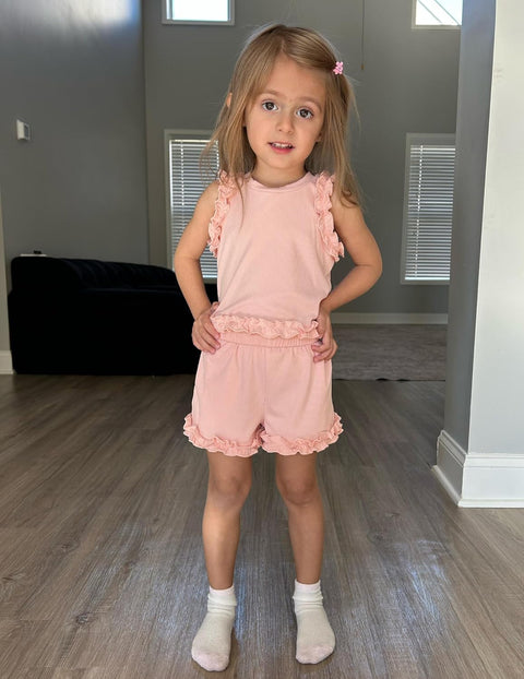 Arshiner Toddler Girls Clothes Ribbed Knit Ruffle Sleeveless Tops and Shorts with Pockets Cute Summer 2 Pieces Short Sets
