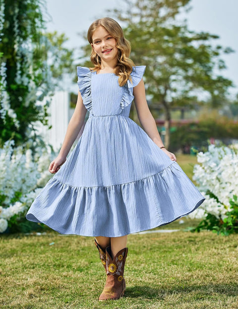 Arshiner Girls Tie Back Dress Tween Boho Flutter Sleeve Maxi Dresses