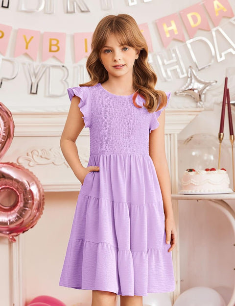 Arshiner Girls Dress Ruffle Sleeve Smocked Tiered Sundress
