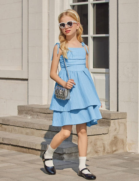 Arshiner Girls Dresses Flowy Tiered Ruched Smocked Back Midi Sundress