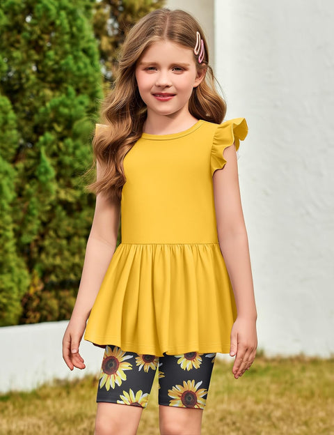 Arshiner Girls 2 Piece Outfit Ruffle Sleeve Peplum Top And Biker Shorts Set