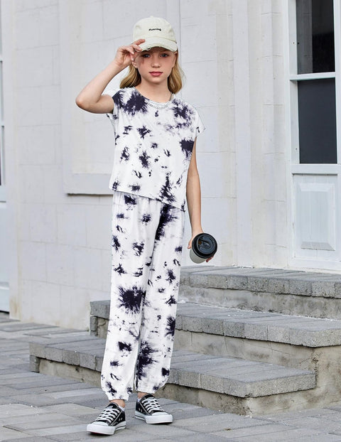 【6-14Y】Arshiner Girls 2 Piece Sets Drop Shoulder Top Sweatpants Jogger