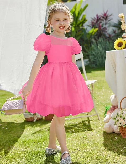 Arshiner Girls Dress Contrast Mesh Puff Flowy Bubble Hem Dresses