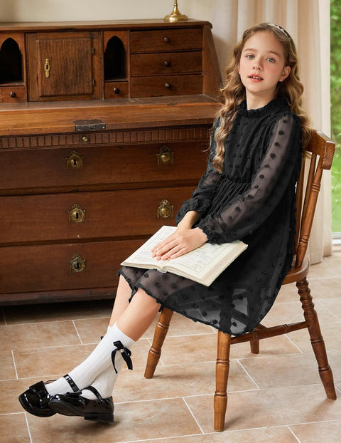 Arshiner Girls Dress Long Sleeve Swiss Dot Ruffle Collar Flowy A-Line Party Dress for Kids 5-13Y