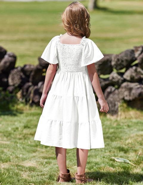 Arshiner Girls Dress Boho Smocked Swing Flowy Ruffle Midi Dresses