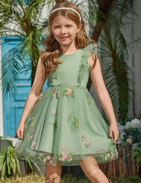 【2-8Y】Arshiner Toddler Dress Ruffle Sleeve V-Back Tie Waist Girl Dresses