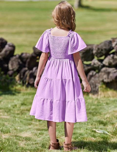 Arshiner Girls Dress Boho Smocked Swing Flowy Ruffle Midi Dresses
