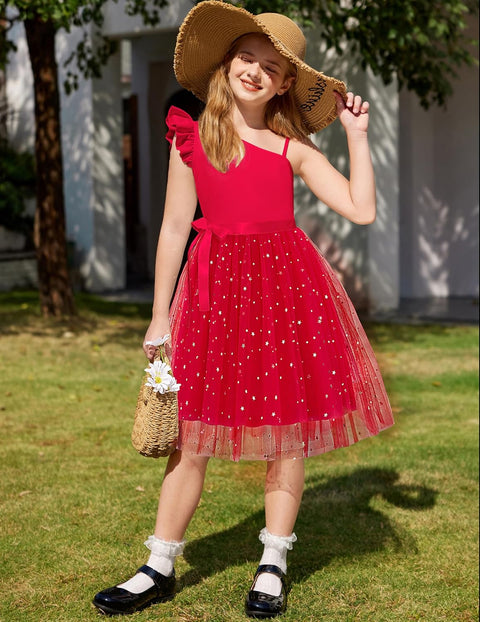 Arshiner Girls Dresses One Shoulder Ruffle Formal Tulle Dress