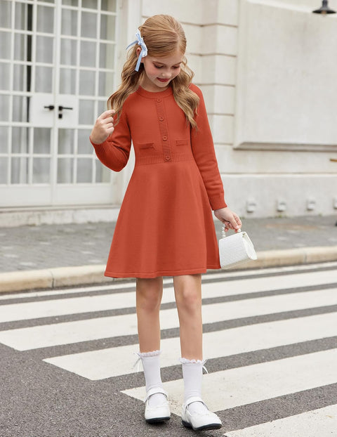 Arshiner Girls Sweater Dress Long Sleeve Button Knit Dresses