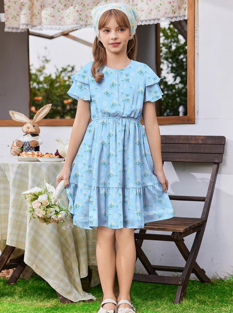 Arshiner Girls Dresses Formal Ruffle Sleeve Chiffon Pleated Dress