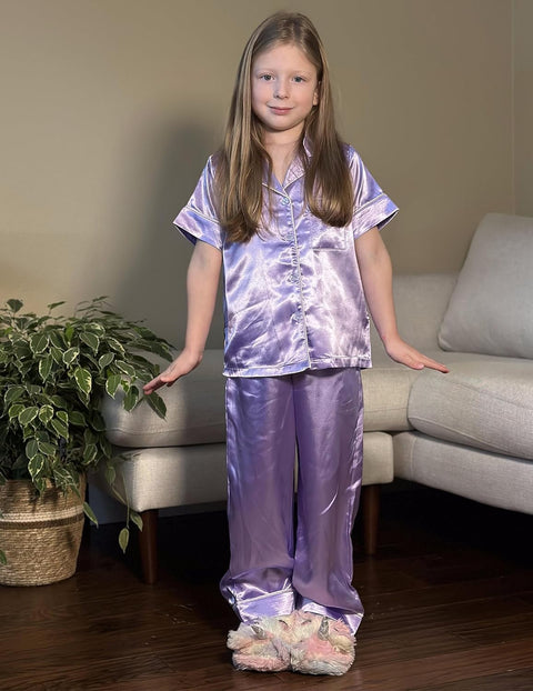 Arshiner Girls Pajamas Silk Satin Button Down Pjs 2 Piece Short Sleeve Sleepwear Set
