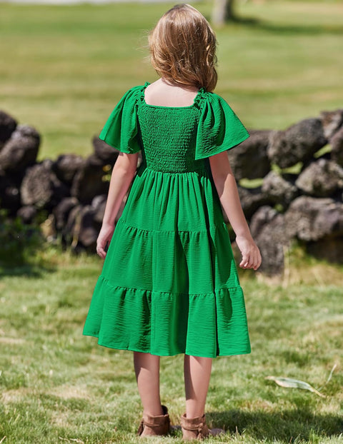 Arshiner Girls Dress Boho Smocked Swing Flowy Ruffle Midi Dresses