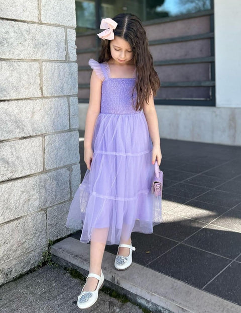 Arshiner Tween Girls Dress Ruffle Sleeve Elastic Straps Smocked Tulle Sundress
