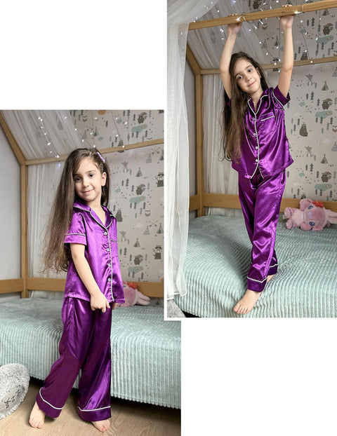 Arshiner Girls Pajamas Silk Satin Button Down Pjs 2 Piece Short Sleeve Sleepwear Set