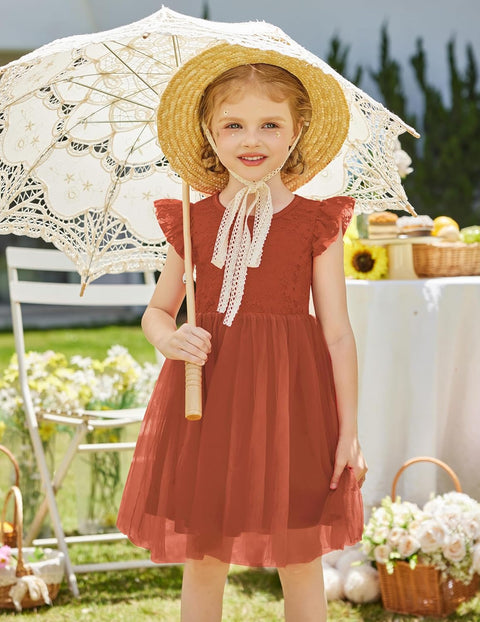 【2-8Y】Arshiner Toddler Lace Tutu Dresses Ruffle Sleeve 3 Layers Tulle Flower Dress
