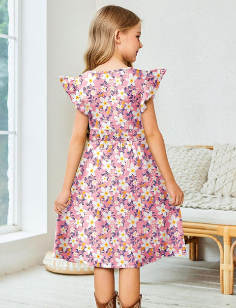 Arshiner Girls Dresses Ruffle Sleeve A-Line V-Neck Sundress