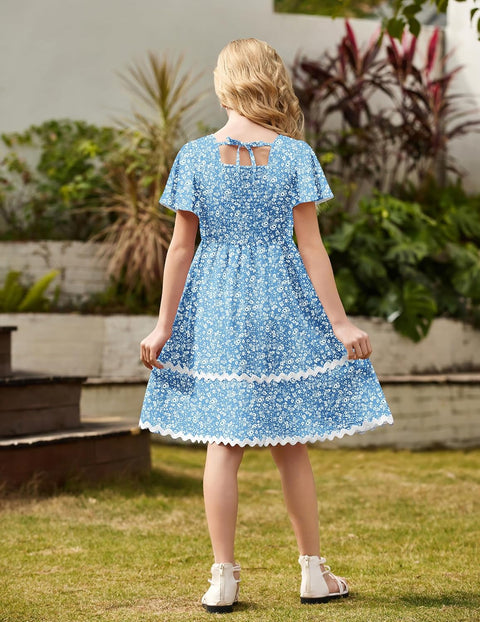 Arshiner Girls Dress Flutter RIC Rac Tiered Short Sleeve Dresses with Pockets