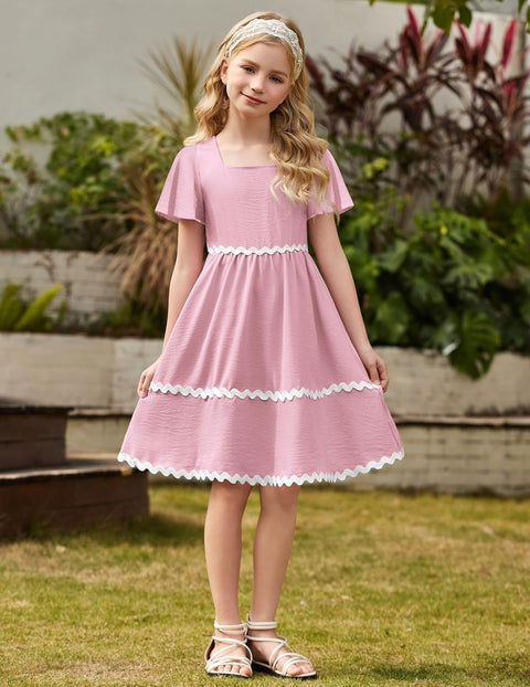 Arshiner Girls Dress Flutter RIC Rac Tiered Short Sleeve Dresses with Pockets