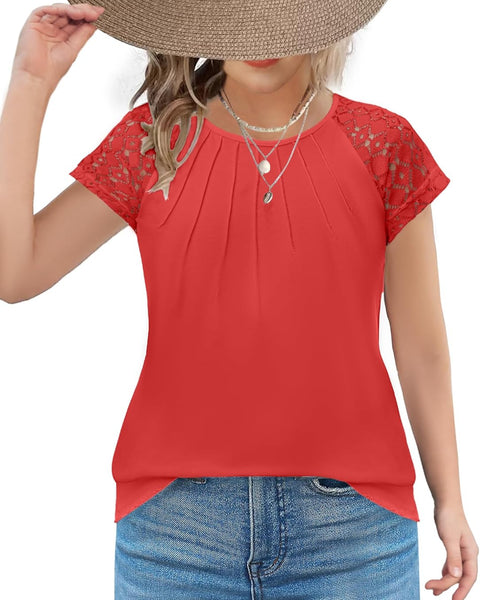 Arshiner Girls Shirts Short Sleeves Lace Pleated Kids Tops