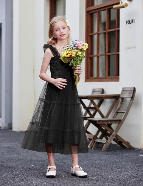 Arshiner Tween Girls Dress Ruffle Sleeve Elastic Straps Smocked Tulle Sundress