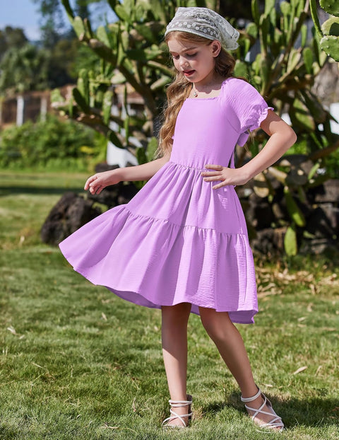 Arshiner Girls Dress Tie Back Short Sleeve Square Neck Tiered Midi Dresses