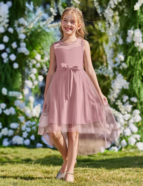 Arshiner Girls Dresses Formal Party Tulle Contrast Mesh Dress with Belt