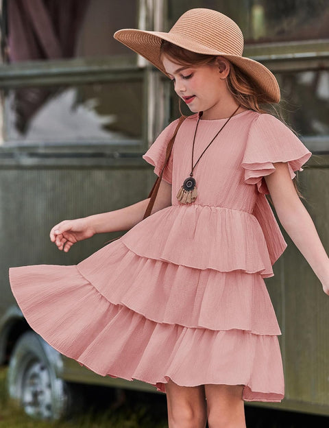 Arshiner Girls Dresses Elegant Ruffle Short Sleeve Back Tie Tiered Dresses