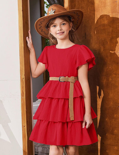 Arshiner Girls Dresses Elegant Ruffle Short Sleeve Back Tie Tiered Dresses