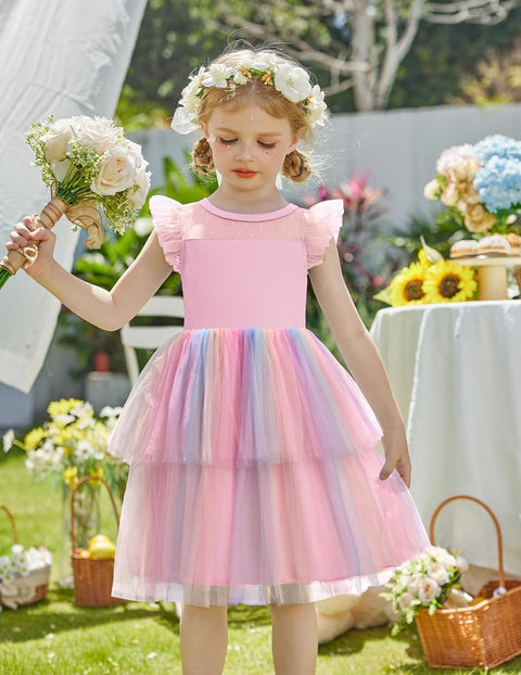 Arshiner Toddler Girls Tutu Sundress Ruffle Sleeve Double Fluffy Tiered Dresses
