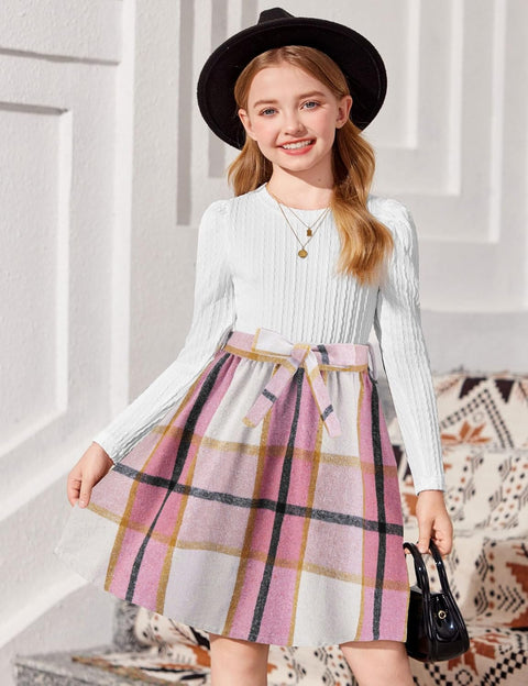 Arshiner Girls Dresses Puff Long Sleeve Rib Knit Plaid Belted Dress