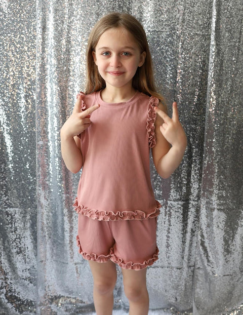 Arshiner Toddler Girls Clothes Ribbed Knit Ruffle Sleeveless Tops and Shorts with Pockets Cute Summer 2 Pieces Short Sets