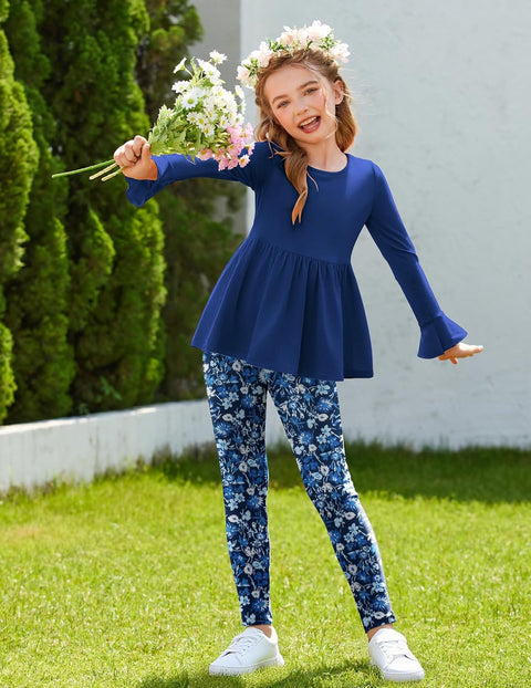 Arshiner Girls 2 Piece Set Floral Ruffle Hem Bell Sleeve Top and Leggings