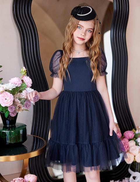 【6-16Y】Arshiner Girls Dresses Tulle Bow Tie Back Puff Sleeve Dress