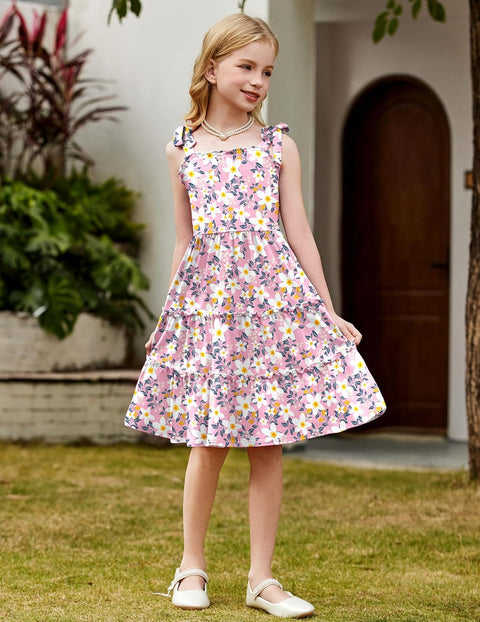 Arshiner Girls Dress Tween Boho Bowknot Strap Swing Flowy Dress