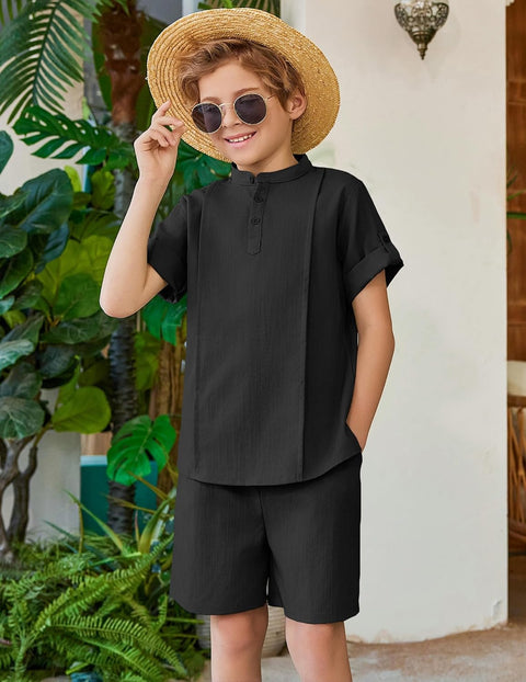 Arshiner Boy's 2 Pieces Linen Sets Henley Shirt and Shorts 5-12 Years