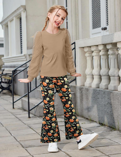 Arshiner Girls 2 Piece Outfits Knit Tulle Puff Top and Flare Pants Set