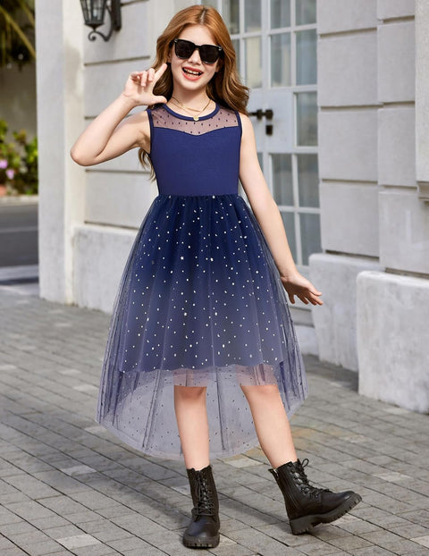 Arshiner Girls Dresses Formal Party Tulle Contrast Mesh Dress with Belt