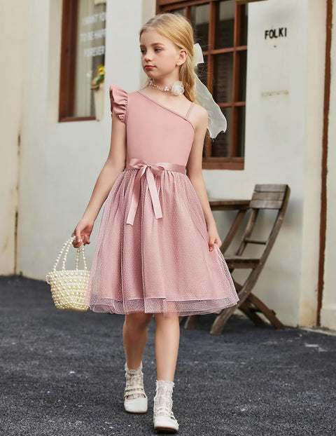 Arshiner Girls Dresses One Shoulder Ruffle Formal Tulle Dress