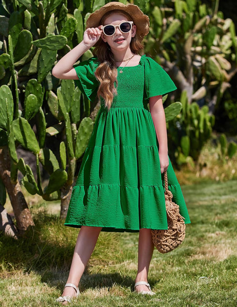 Arshiner Girls Dress Boho Smocked Swing Flowy Ruffle Midi Dresses