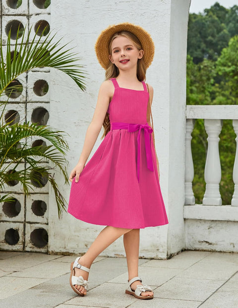 Arshiner Girls Cami Sleeveless Bow Tie Casual Sundress with Pockets for 5-12Y